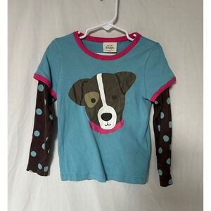 Mini Boden Girls Dog Graphic Layered Look Shirt Blue Brown Polka Dot 3-4Yr